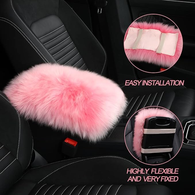 LLB Auto Center Console Cover Pad Universal Fit for SUV/Truck/Car, Genuine Sheepskin Wool Fur Car Armrest Seat Box Cover, Furry Fluffy Auto Armrest Cover Protector (Black)