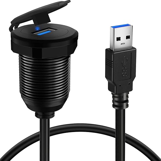 BATIGE Alloy Single Port USB 3.0 Dashboard Port Car Mount Flush Cable, Male to Female Waterproof Extension Cable for Car Truck Boat Motorcycle with LED Indicator - 3ft