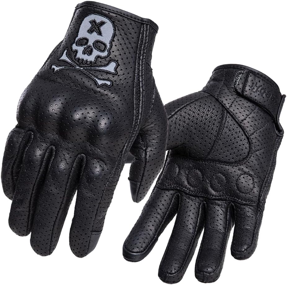 Goatskin Leather Motorcycle Motorbike Powersports Racing Gloves Reflective Skull Touchscreen for Men and Women Model