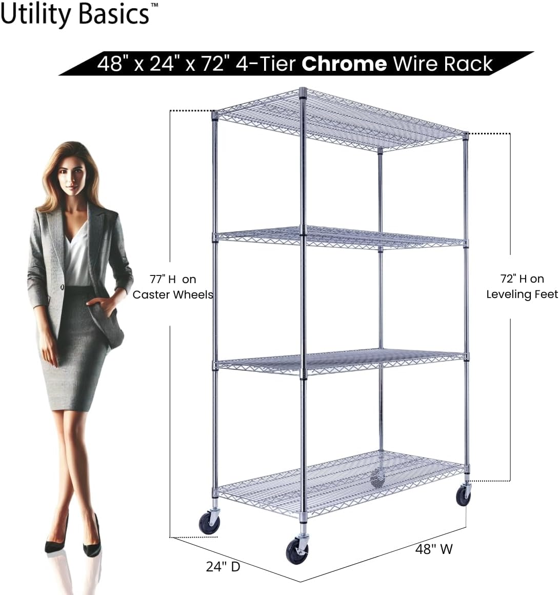 48"x24"x72" Chrome Premium Metal Steel Wire Shelving 4-Tier NSF 3200 LBS MAX Capacity Heavy Duty Storage Rack for Garages, Commercial Spaces, Hospitals, & Schools w/Premium Wheels