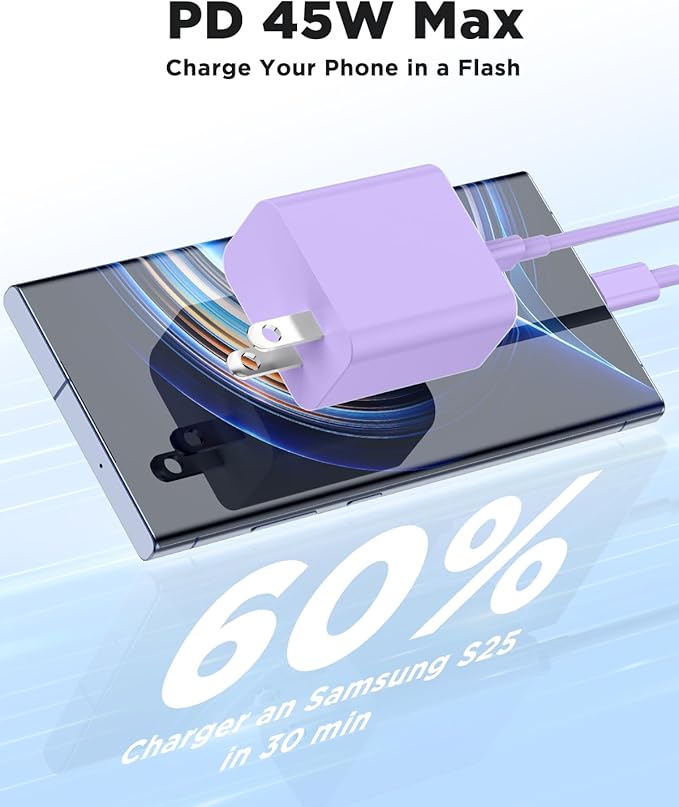 3Pack 45W Super Fast Charger Type C 10FT, USB C Android Phone Charger Fast Charging Block with Ertra Long Type-C Charger Cord for Samsung Galaxy S25/S25 Ultra/S25+/S24 Ultra/S24/S24+/S23/S22-Purple