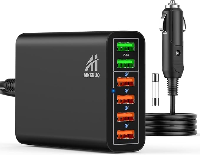 Multi Ports USB Car Charger, 96W 6 Port QC3.0 Fast Adapter Multiple Ports, with Four Quick Charge 3.0 Port, 12V-24V Multi Device Cigarette Lighter for Smart Phone & Tablets Charging