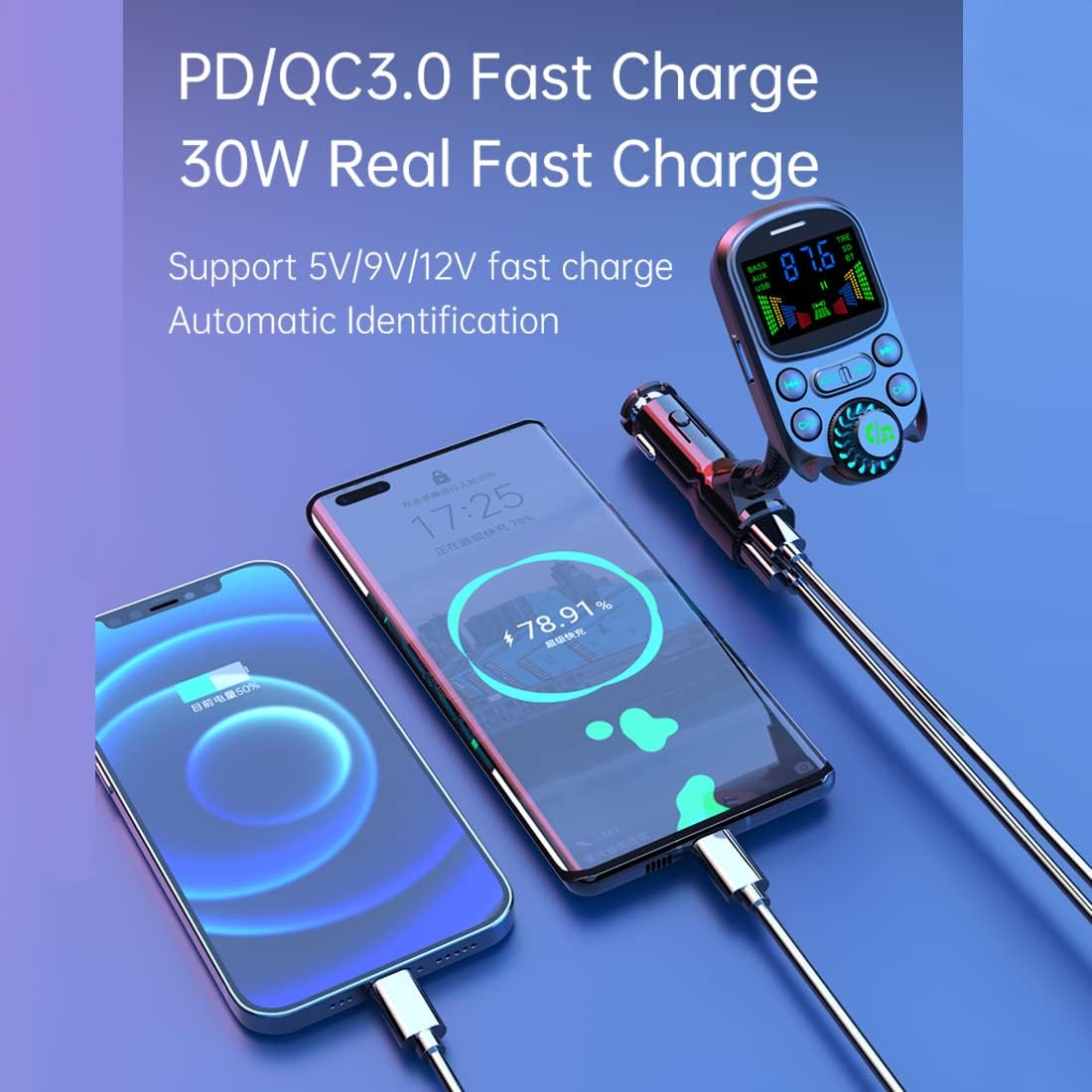 Bluetooth FM Transmitter for Car 1.5" Color Screen Display Wireless Handsfree Radio Transmitter Car Charger Adapter Support TF Card USB Flash Drive 48W PD/ QC3.0 Dual USB Charging (Black)