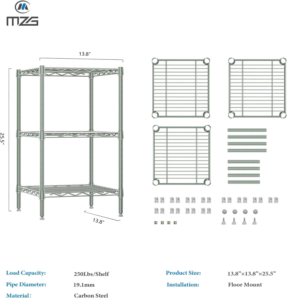 750 lbs 3-Shelf Storage Shelves Wire Shelving Unit Standing Metal Rack for Small Places Narrow Wire Rack for Bathroom, Green 13.8 D x 13.8" W x 25.5" H