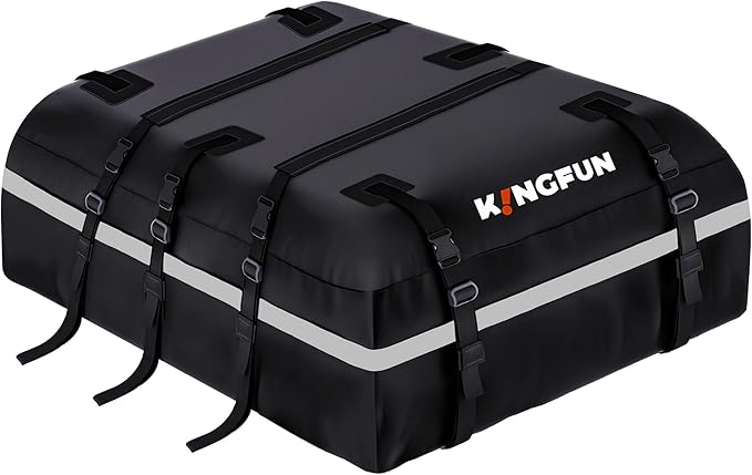 Kingfun Car Rooftop Cargo Carrier – Waterproof 20 Cubic Feet Car Roof Bag Fit All Vehicles with/Without Roof Racks, Includes Anti-Slip Mat, 8 Reinforced Straps & 6 Door Hooks, Luggage Locks（Black）