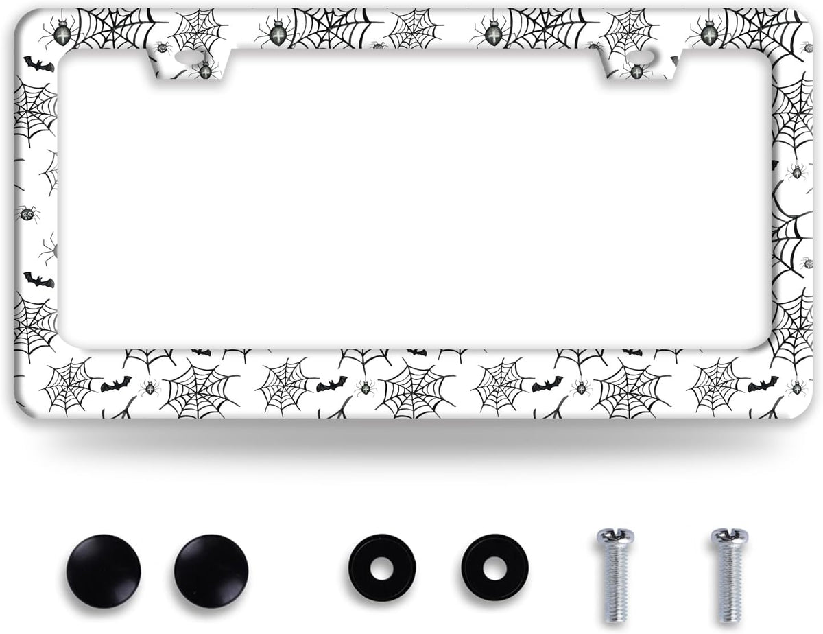 Personalized Bats License Plate Frame Spider Web License Plate Frames Funny Auto Accessories Bracket Stainless Steel License Plate with Screws 6x12 Inch