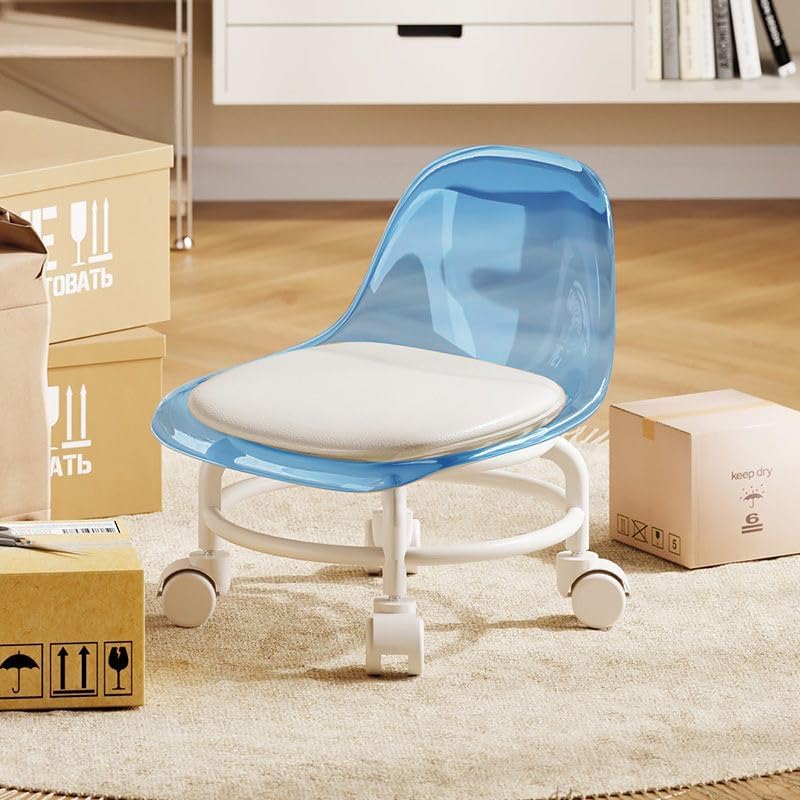 Low Rolling Stool with Wheels,Mini Rolling Garage Stool with Back Support,360° Rotating Floor-Friendly Wheels for Home, Office,Garage & Salon (Transparent Blue)
