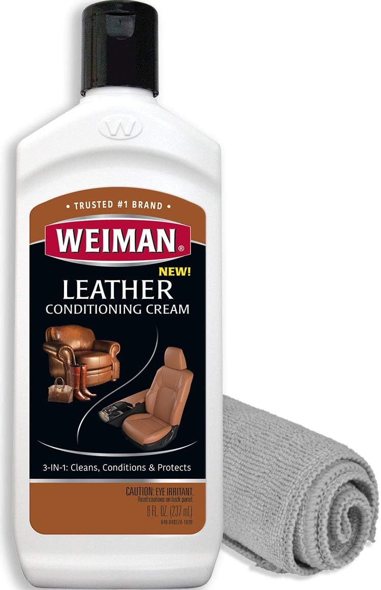 Weiman 3 in 1 Deep Leather Conditioner Cream (Microfiber Cloth) - Restores Leather Surfaces - Use on Leather Furniture, Car Seats, Shoes, Bags, Jackets, Saddles