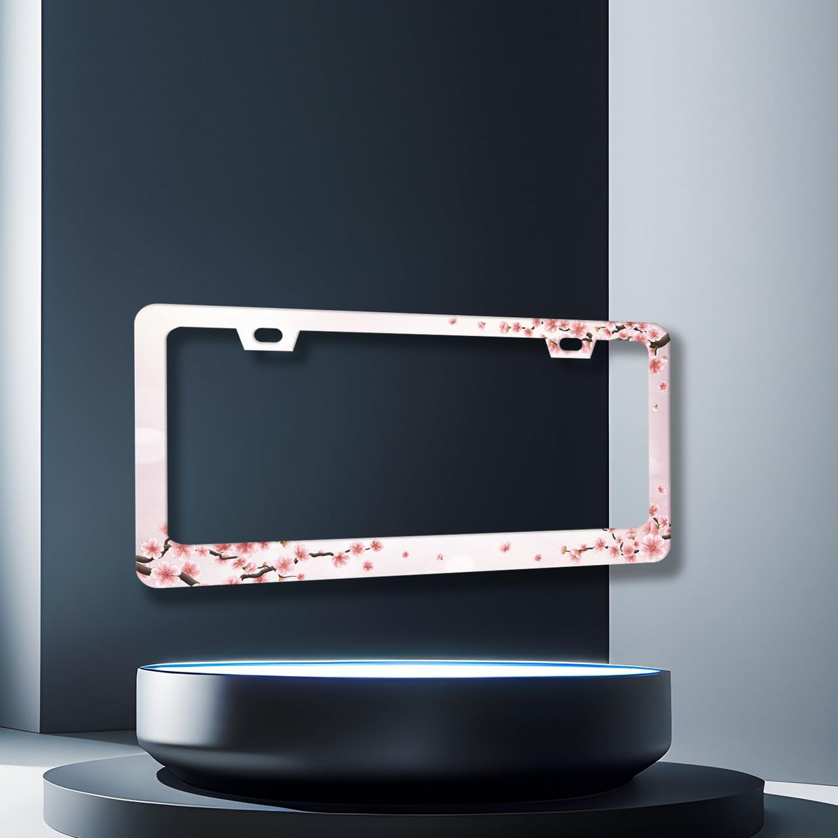 Cherry Blossom License Plate Frame Floral Pink Flowers License Plate Holder Stainless Steel Colorful Design Compatible with Standard License Plate for USA Canada 12.3" x 6.3" with 2 Screws
