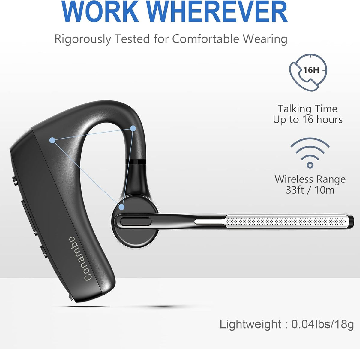 CONAMBO Bluetooth Headset V5.1, 16 Hrs HD Talktime CVC8.0 Dual Mic Noise Cancelling Hands Free Bluetooth Earpiece for Cell Phone iPhone Android Driving Business Office