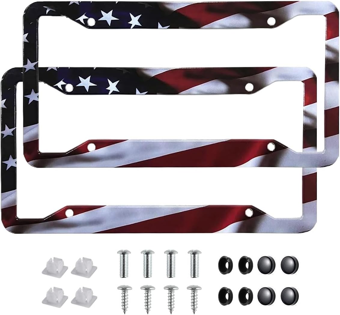 2Pack American Flag License Plate Frame - Rustproof Aluminum Patriotic Car Tag Holder Bracket Fits All Vehicles, US Flag License Plate Frame with Screws Included