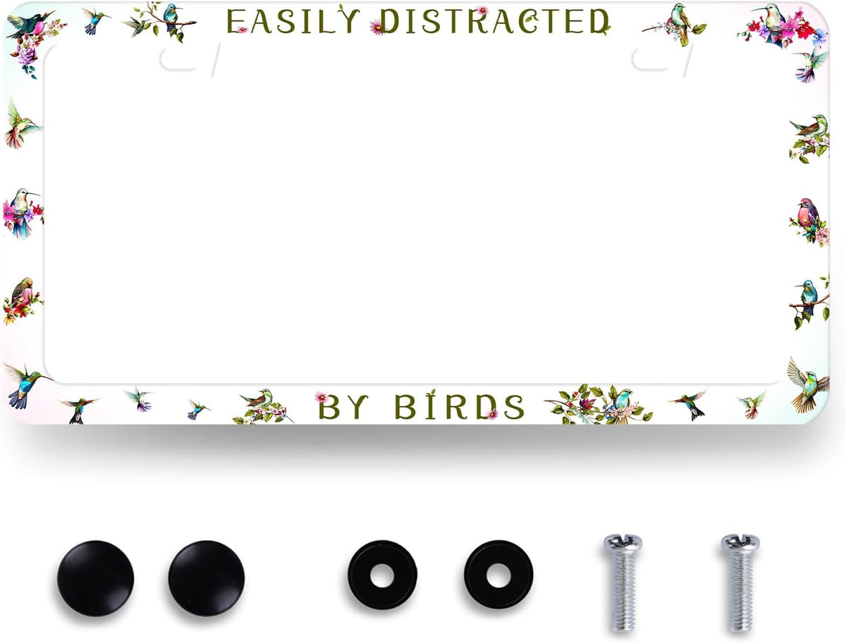 Easily Distracted by Birds License Plate Frame Funny Birds License Plate Holder Colorful License Plate for Car Decoration Stainless Steel Animal Auto Parts with Screws Men Women 12.3" x 6.3"