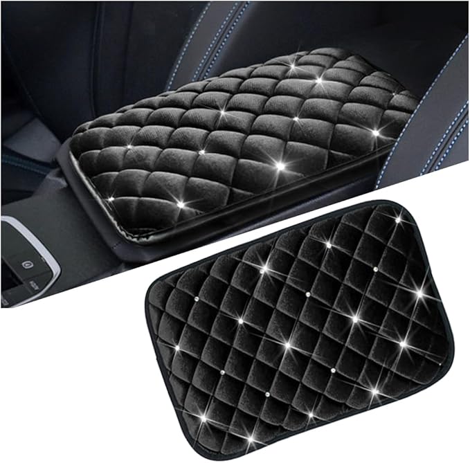 Mandark Bling Car Center Console Cover, Crystal Rhinestone Fluffy Automotive Armrest Seat Box Cushion Pad, Soft Comfortable Diamond Arm Rest Protection Mat, Universal Vehicle Accessories (Black)