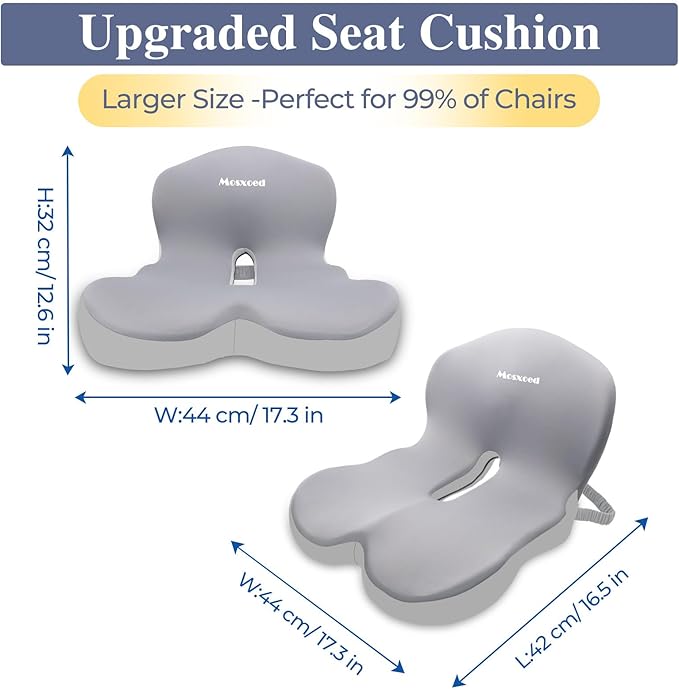 Memory Foam Seat Cushion for Sciatica & Back Pain Relief - Ergonomic Chair Pad with Adjustable Strap & Supportive Comfort Cover, Non-Slip for Car, Truck, Office Chair - Light Gray