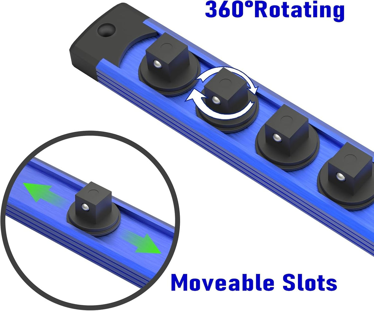Magnetic Socket Holder Organizer Set, 3-Piece Heavy Duty Socket Rack Kit, 360° Swivel Aluminum Alloy Socket Rail for Tool Box - 1/4-Inch x 14 Clips, 3/8-Inch x 14 Clips, 1/2-Inch x 12 Clips