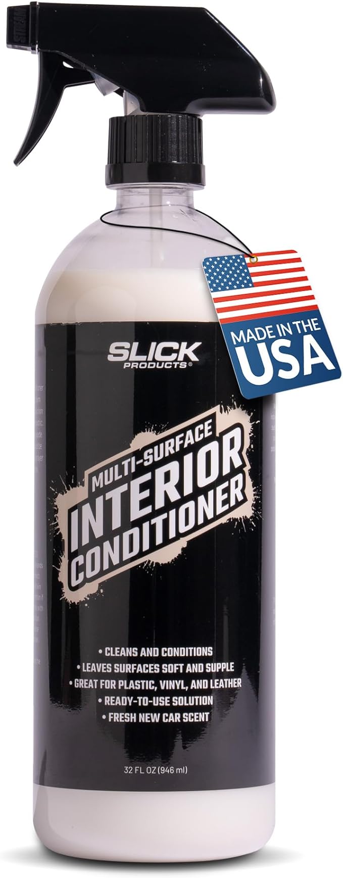 Slick Products Multi-Surface Interior Conditioner – Cleans & Conditions Vinyl, Plastic & Leather – Non-Greasy Car Interior Cleaner & Protectant – Fresh New Car Scent – 32 oz.