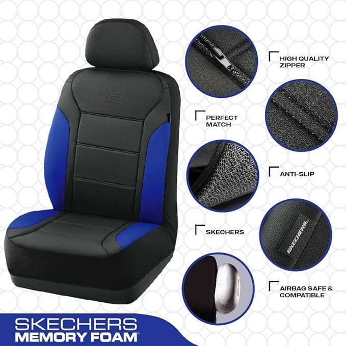 Skechers Memory Foam Car Seat Covers, Lycra Fabric Seat Covers Thick Memory Foam, Car Seat Cover Full Sets, Airbag Compatible, Automotive Comfort Protection for Most Cars, Trucks, SUVs, Blue