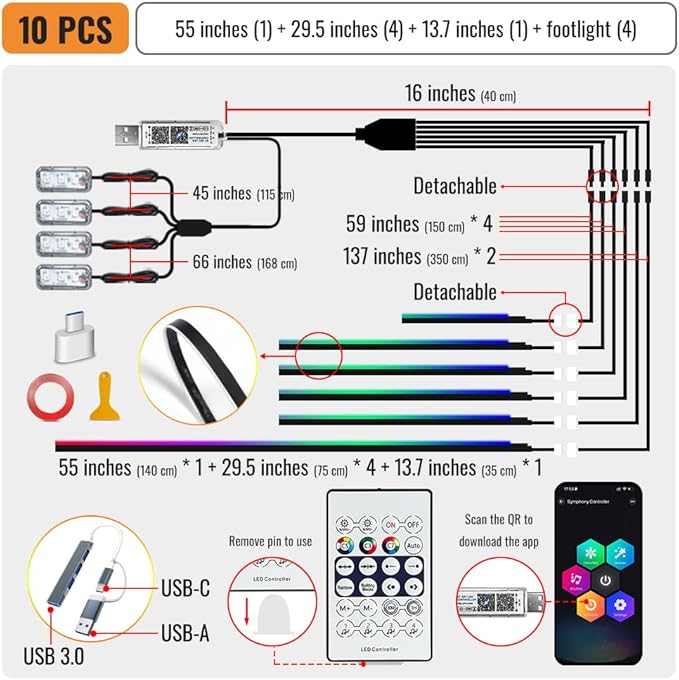 Acrylic Ambient Lighting Car Interior, 10 in 1 Dream Color Acrylic Led Strips Fiber Optic Lights Kit with APP USB Hub,Flexible Dynamic Neon Music Sync Emotion Glow Footwell Lighting for Car