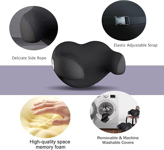 SPRFUFLY U-Shaped Car Headrest Pillow for Sleeping, 100% Memory Foam Car Pillow with Breathable Removable Cover, Ergonomic Design - Ideal Car Companion for Naps & Neck Pain Relief (Black, 1PC)