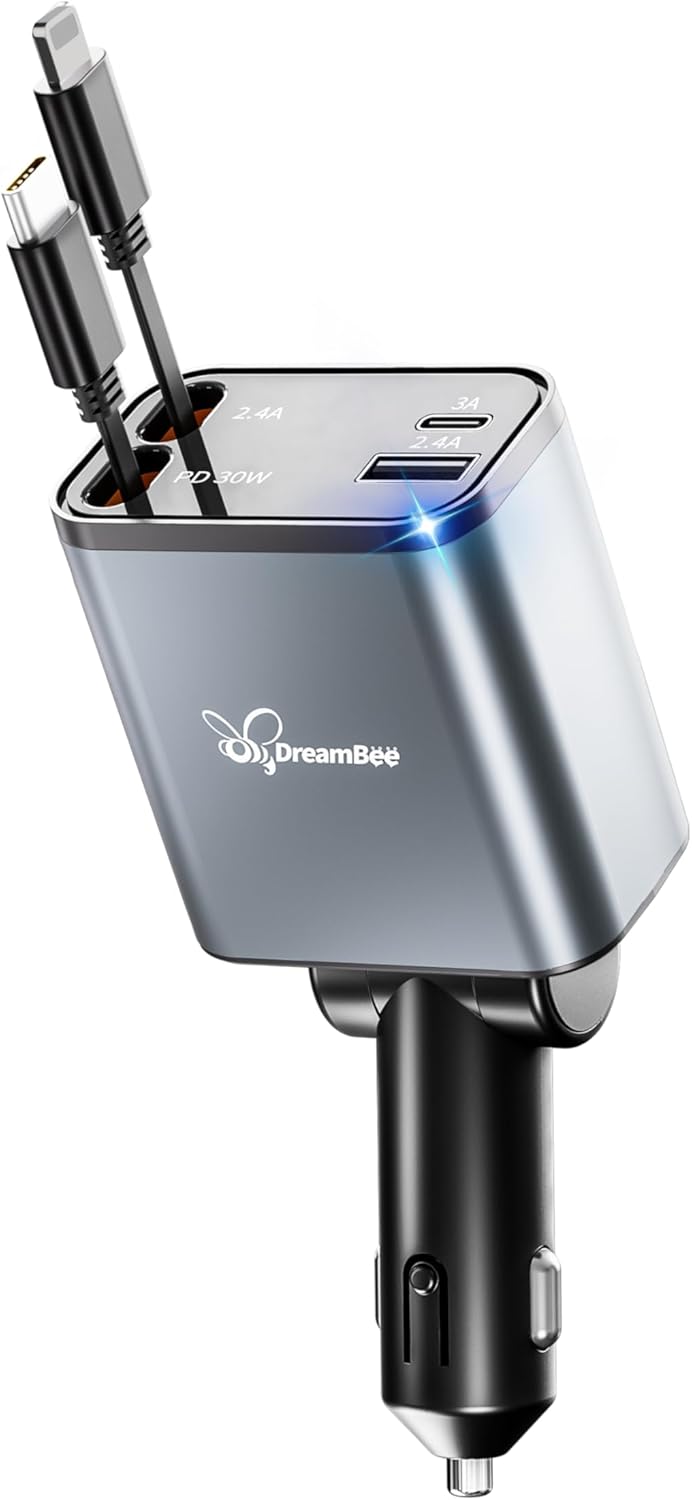 Retractable 70W USB Car Charger Adapter, 4 in 1 Fast Phone Charger, 2 Retractable Cords, USB C, Compatible with iPhone 16/15/15 Pro Max/14/13/12/11, Samsung