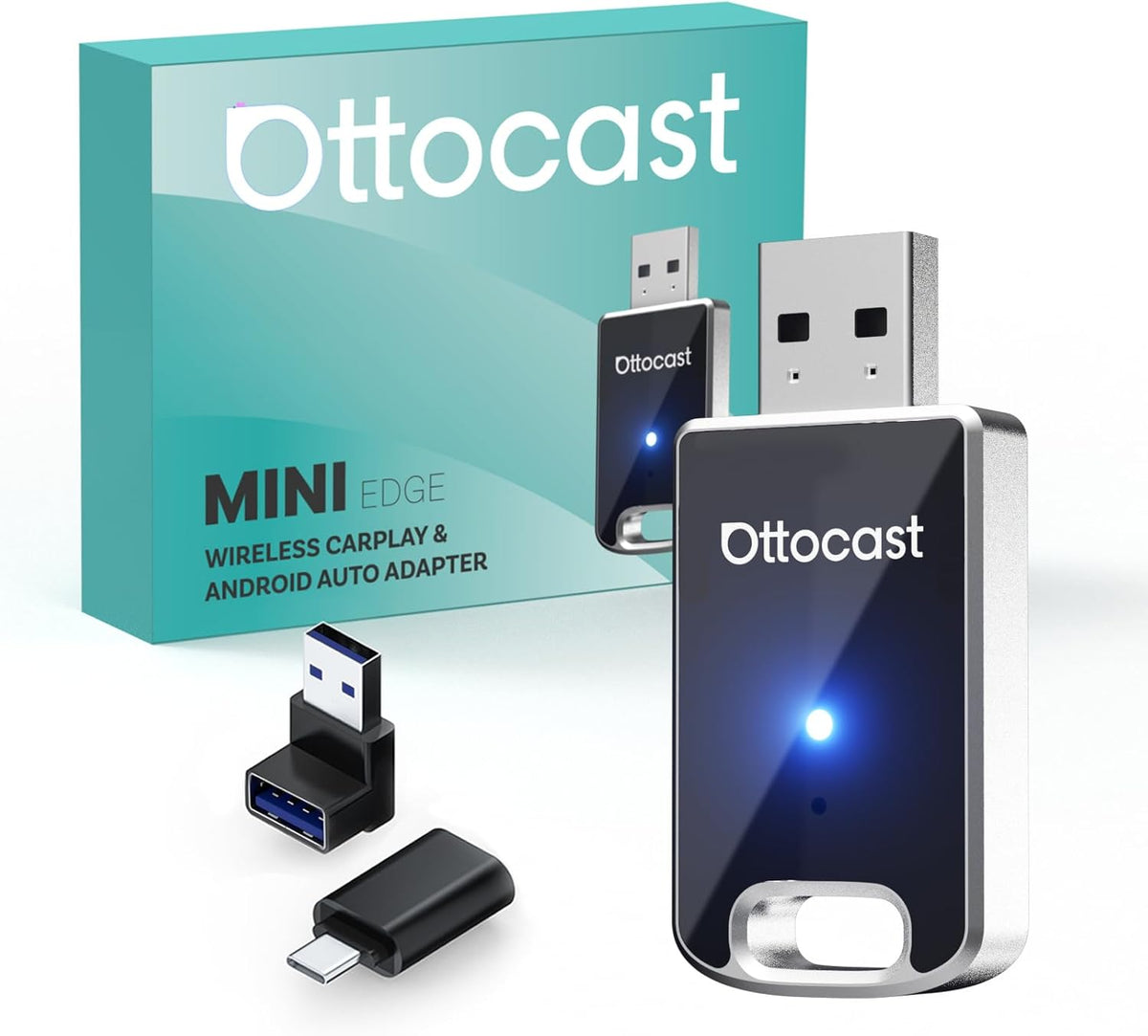 OTTOCAST Mini 2 in 1 Wireless Carplay Adapter & Wireless Android Auto Adapter for Apple iPhone Samsung or Other AndroidPhone, USB Bluetooth Car Accessories for OEM Wired Carplay/Android Auto Cars