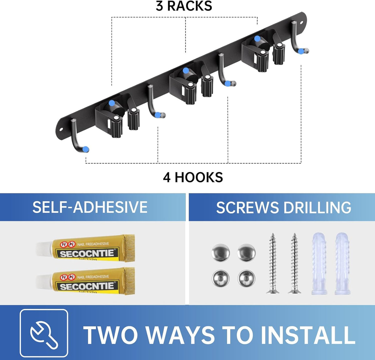 ZONGOOL 2 Pack Mop Broom Holder Wall Mount, Broom Organizer Storage Tool Racks Stainless Steel Self Adhesive Heavy Duty Hooks for Home Kitchen Garden (3 Racks with 4 Hooks, Black)