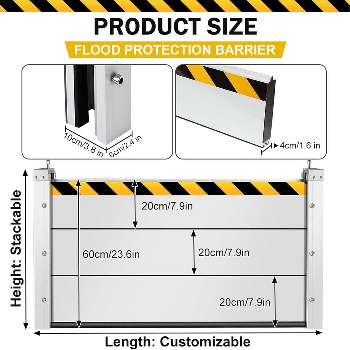 Reusable Heavy Duty Aluminum Flood Barriers for Home Exterior, Flood Protection Barriers Water Barrier Door Quick Detachable Garage Doors Detachable Mobile Rain Water Baffle (H 7.9 inch L 9FT)