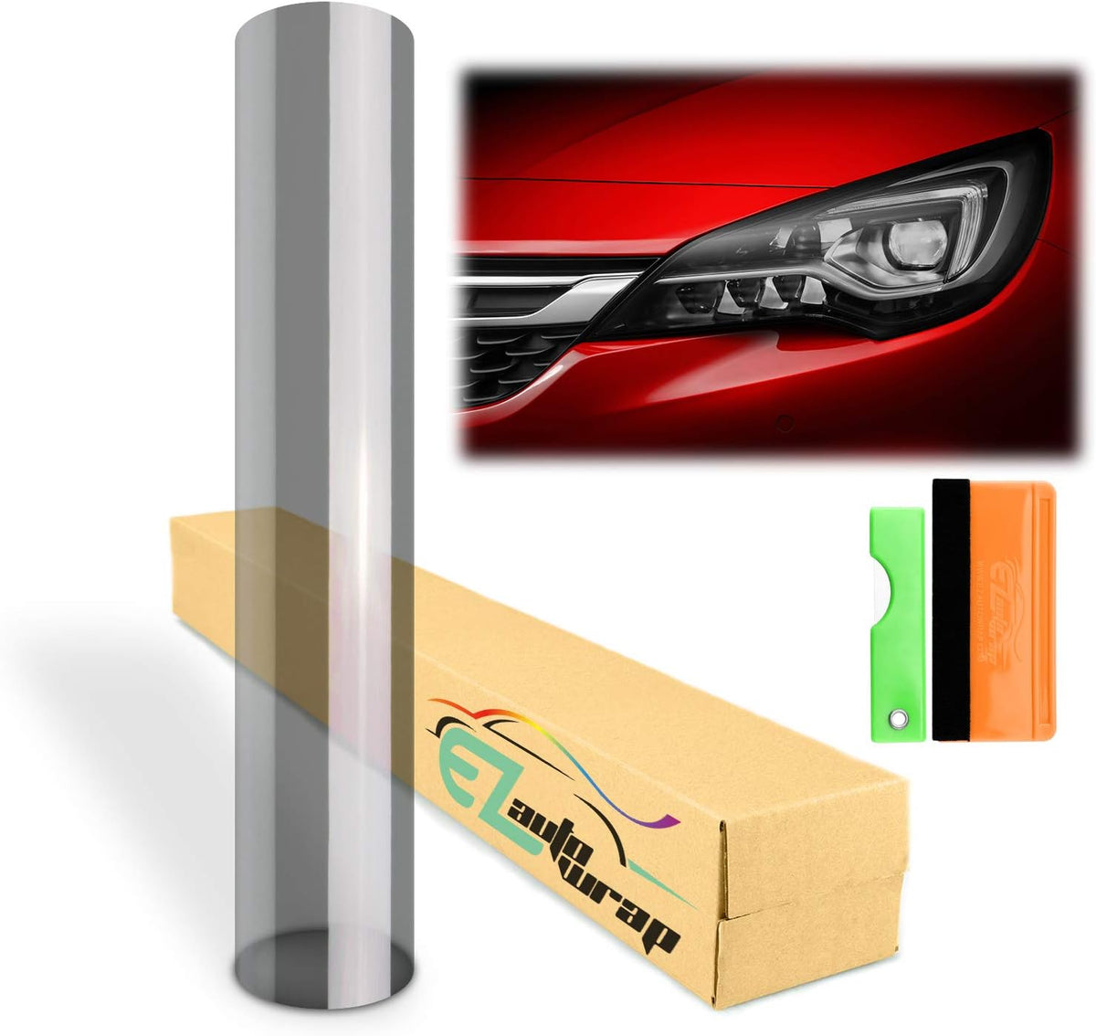 EZAUTO WRAP Free Tool Kit 12"x360" (1FT x 30FT) Glossy Light Black Smoke Headlight Taillight Fog Light Side Marker Vinyl Tint Film Self Adhesive