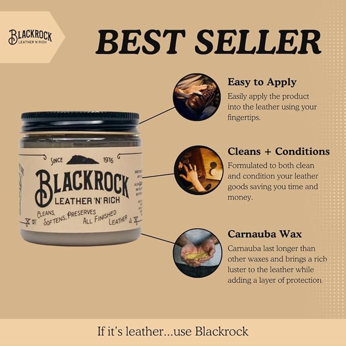 Blackrock LEATHER N RICH - Quality leather cleaner and conditioner, Made in the USA since 1976 - Leather care for boots, saddles, car interiors, furniture, horse tack. Easy to use.