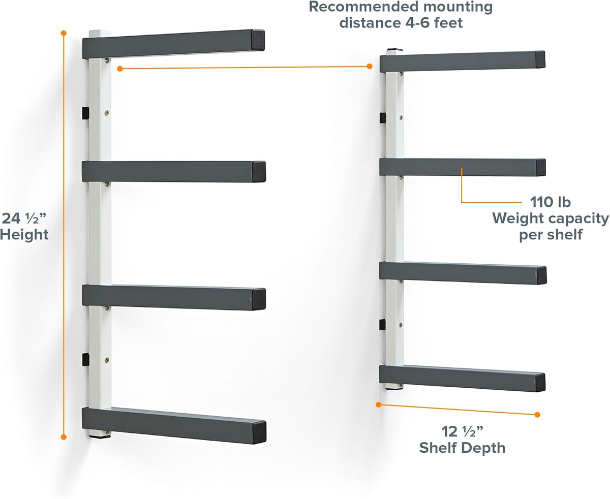 Bora 4-Level Lumber Storage Rack Wood and Garage Organization Space Saving Metal Shelf for Pipes, Boards, Plywood, and Building Materials - PBR-0420 White Gray