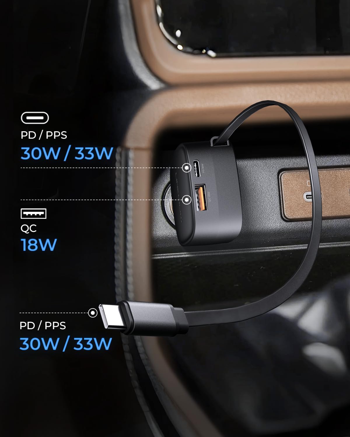 84W Max Retractable Fast Car Charger - USB C Cigarette Lighter Adapter Ultra-Compact Type-C Fast Car Charger with Built-in Retractable Cable