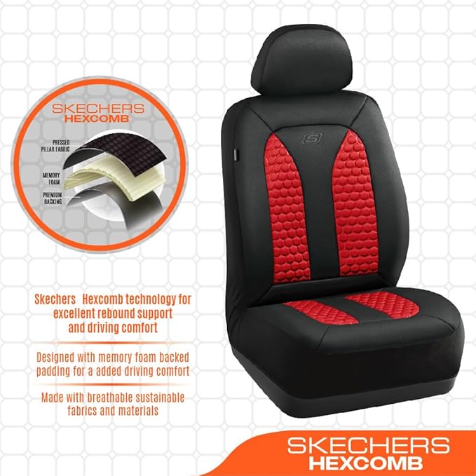 Skechers Memory Foam™ Car Seat Covers, Hexcomb Breathable Thick Seat Covers Two Front Seat Covers, Airbag Compatible, Automotive Comfort & Protection for Most Cars,Van,Trucks, SUVs (Red)