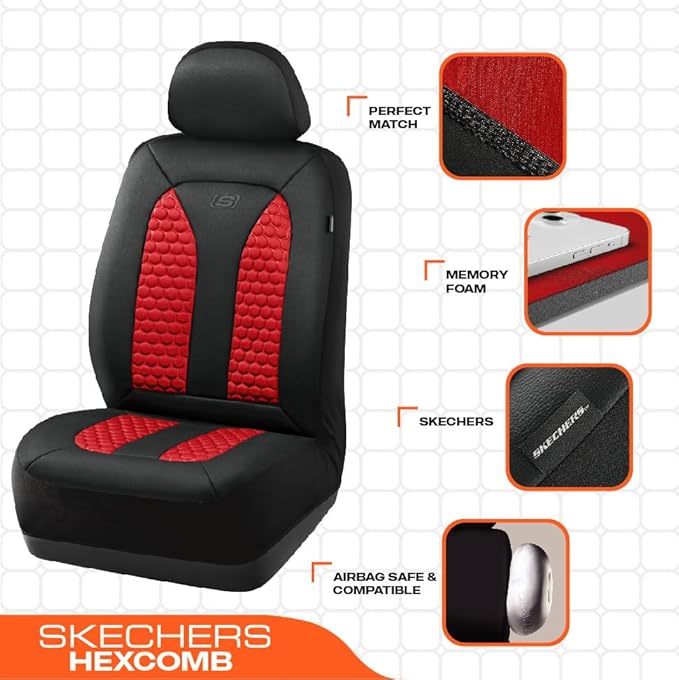 Skechers Memory Foam™ Car Seat Cover Full Sets, Hexcomb Breathable Thick Seat Covers, Airbag Compatible, Automotive Comfort & Protection for Most Cars,Van,Trucks, SUVs (Red,Full Set)