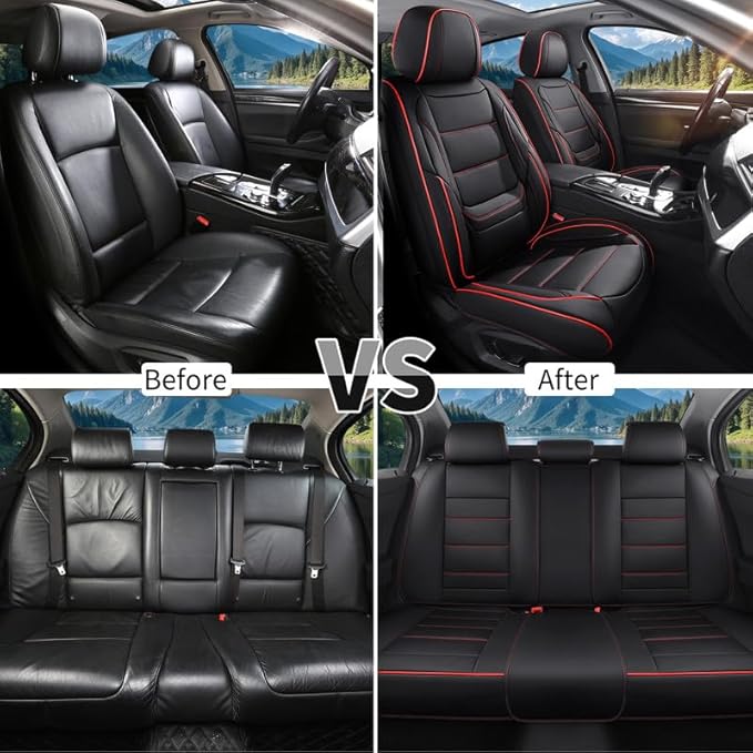 Car Seat Covers Full Set Custom Fit for Buick Verano 2012-2017-Luxury Leather with Lumbar Support, Breathable, Waterproof, Anti-Slip, Durable, Easy to Install (Black&Red,Full Set)