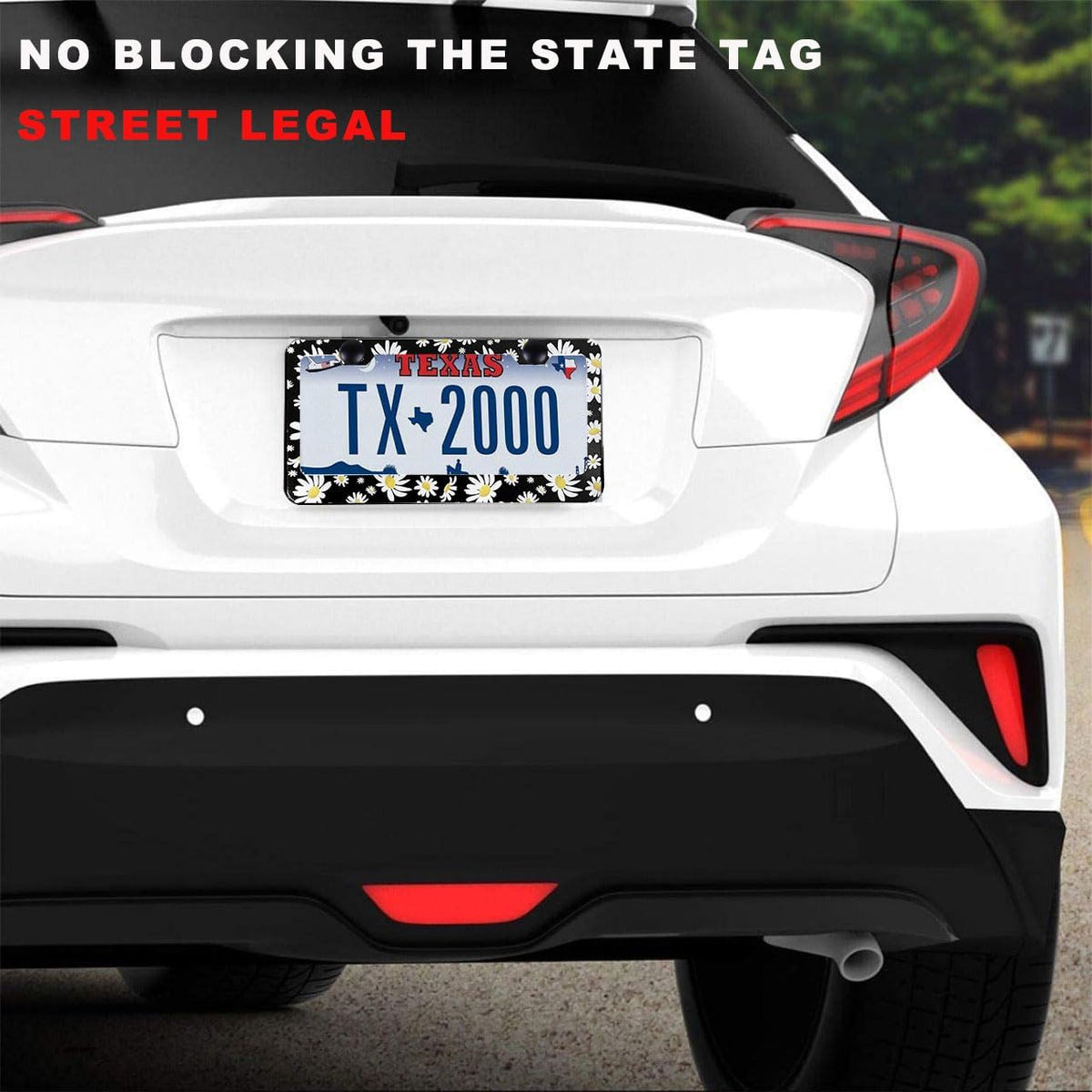 2 Pack Universal Daisy Floral License Plate Frame - Heavy Duty Rustproof Aluminum Matte Black Daisy Car Tag Holder Cover Bracket Fits All Vehicles, Easy Install with Screws Included