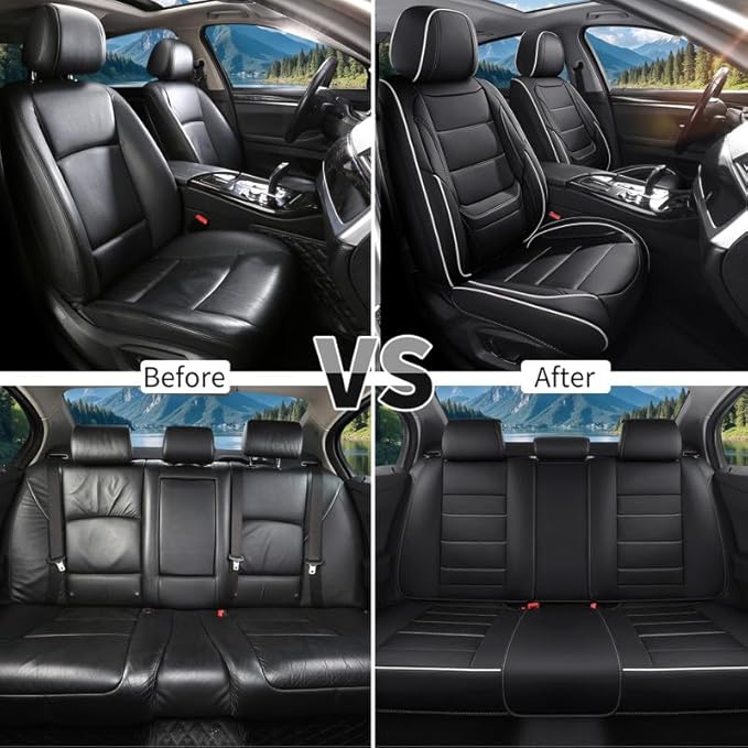 Car Seat Covers Full Set Custom Fit for Ford Fiesta 2011-2019-Luxury Leather with Lumbar Support, Breathable, Waterproof, Anti-Slip, Durable, Easy to Install (Black&White,Full Set)