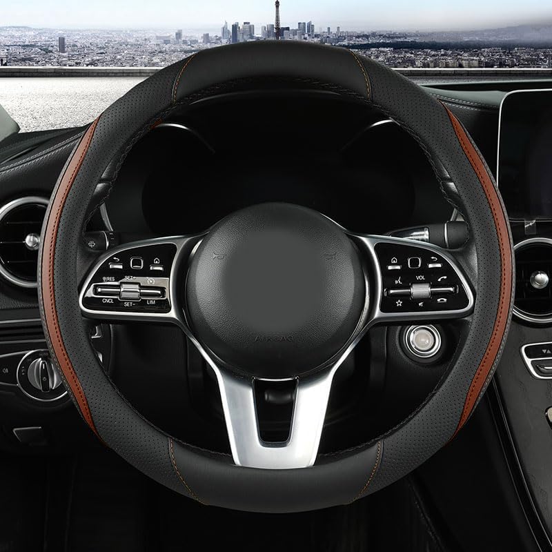 Car Steering Wheel Cover, Leather Steering Wheel Cover Brown Universal 14.5-15 Inch Microfiber Leather Anti-Slip Breathable Auto Steering Wheel Covers for Men Women (Black&Brown)