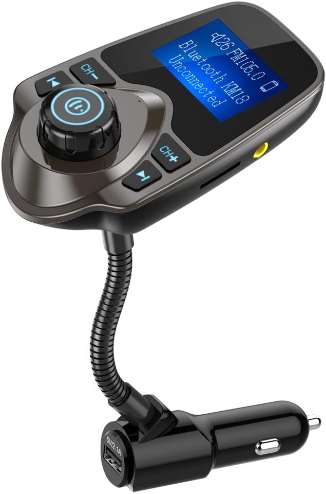 Nulaxy Bluetooth Car FM Transmitter Audio Adapter Receiver Wireless Handsfree Car Kit TF Card AUX 1.44 Display – KM18 Brown
