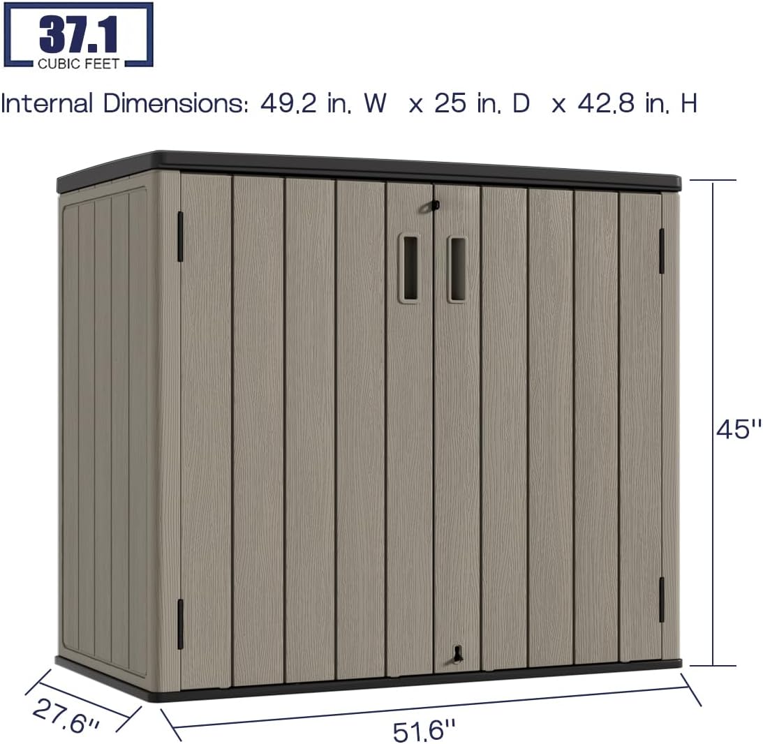 KINYING Outdoor Horizontal Storage Sheds,Outdoor Storage Cabinet Waterproof Resin Tool Storage Box for Lawn Mower,Garden Tools and Patio Furniture, Lockable (Brown)