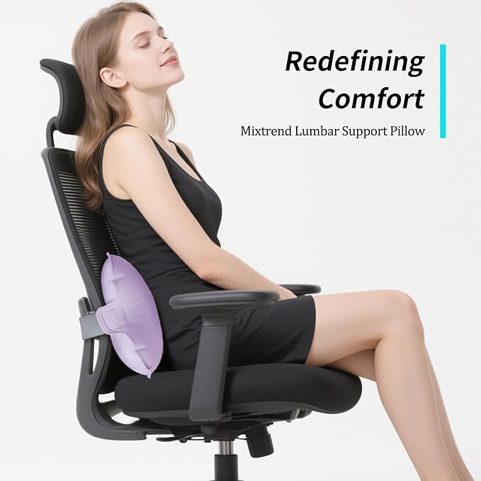 Mixtrend Travel Lumbar Pillow Inflatable Lumbar Support Pillow with Memory Foam, Back Support Pillow for Airplane Long Flight, Essential Travel Support Pillow for Women Men Kids（Lavender）