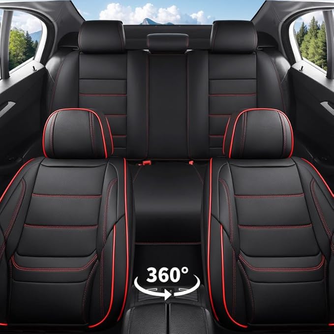 Car Seat Covers Full Set Custom Fit for Ford Ranger 1999-2025 2026-Luxury Leather with Lumbar Support, Breathable, Waterproof, Anti-Slip, Durable, Easy to Install (Black&Red,Full Set)