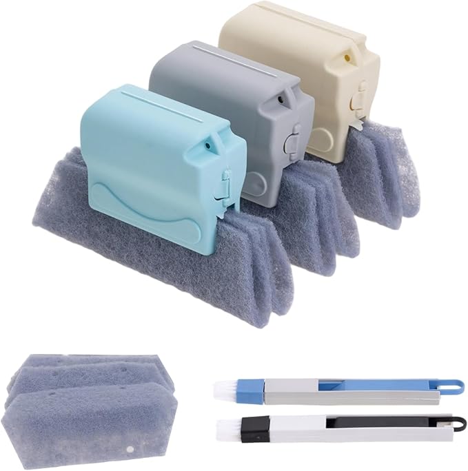 Magic Window Track Cleaning Tools Set, Window Sill Track Cleaner Tools, Clean Scraper, 3Pcs Cleaning Brush and 6Pcs Replacement Cloth, 2Pcs Clean Brush