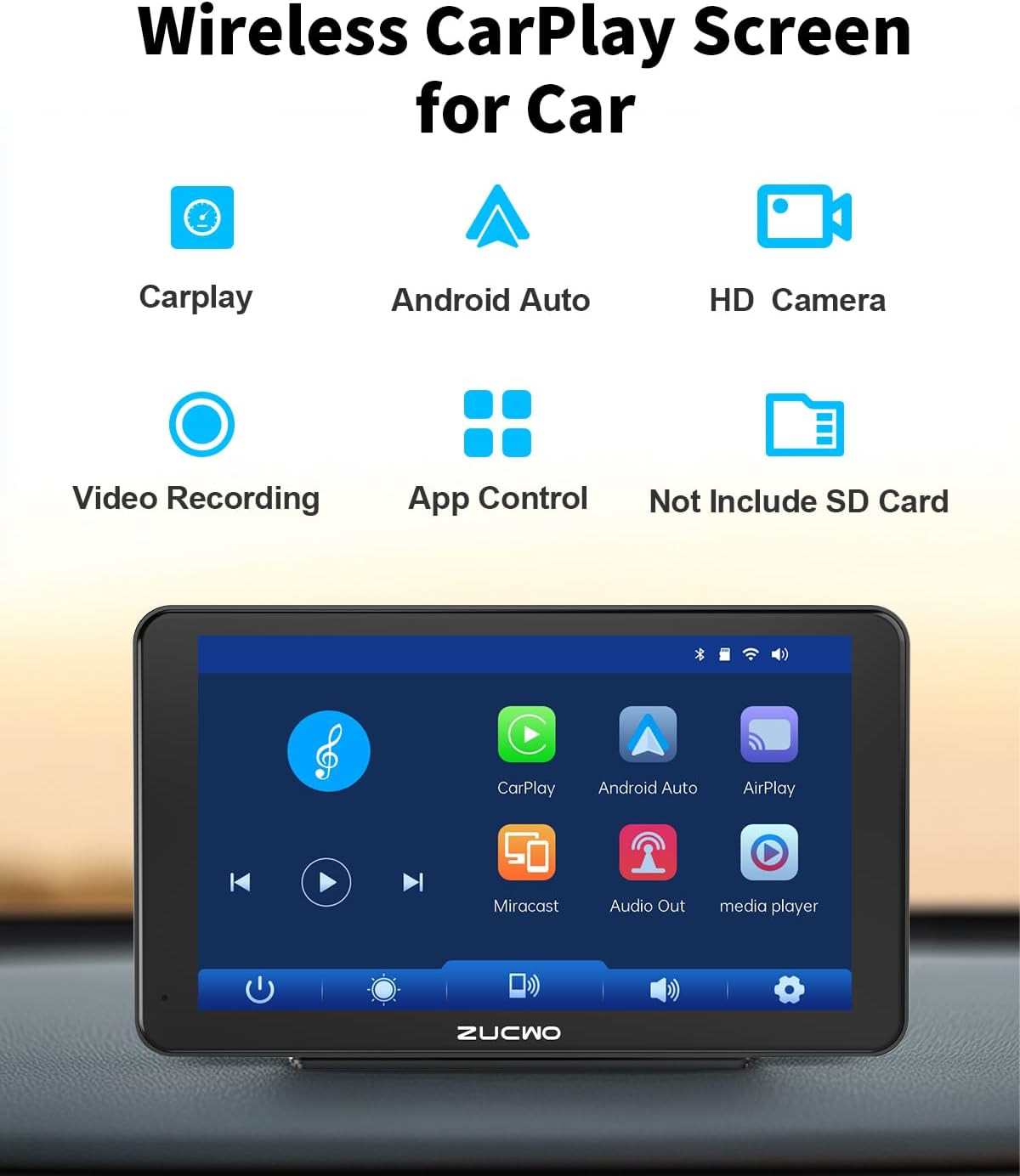 7 Inch Wireless CarPlay Screen for Car, Portable Car Stereo Touch Screen for Apple CarPlay & Android Auto with Backup Camera, Voice Control, BT Music, Navigation, Siri, AUX (Black)