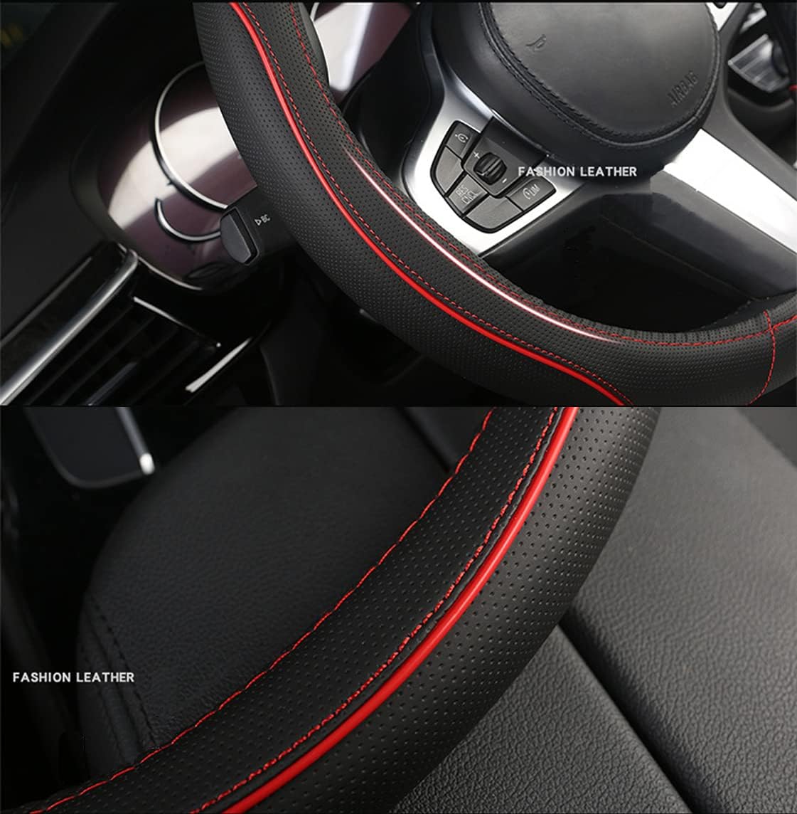 D Shape Car Steering Wheel Cover, Universal 15 inch Stitching Color Anti-Slip Steering Wheel Protector, Red and Black Style (Compact Packaging D Shape)
