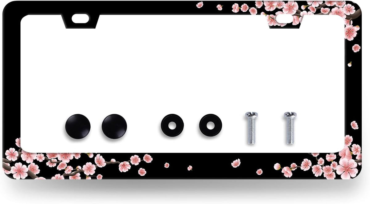 Beautiful Cherry Blossom License Plate Frame Pink Floral License Plate Holder Stainless Steel Colorful License Plate for USA Canada 6.3"X12.3" with 2 Holes and Screws