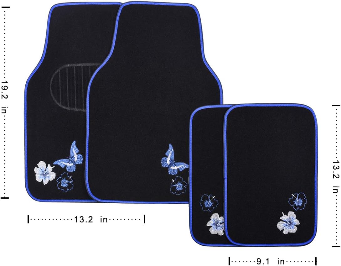 CAR PASS Universal Fit Embroidery Butterfly and Flower Car Floor Mats, Blue Car Floor Mats Fit 95% Automotive,SUVS,Sedan,Vans,for Women,Girly,Set of 4 (Black with Blue)