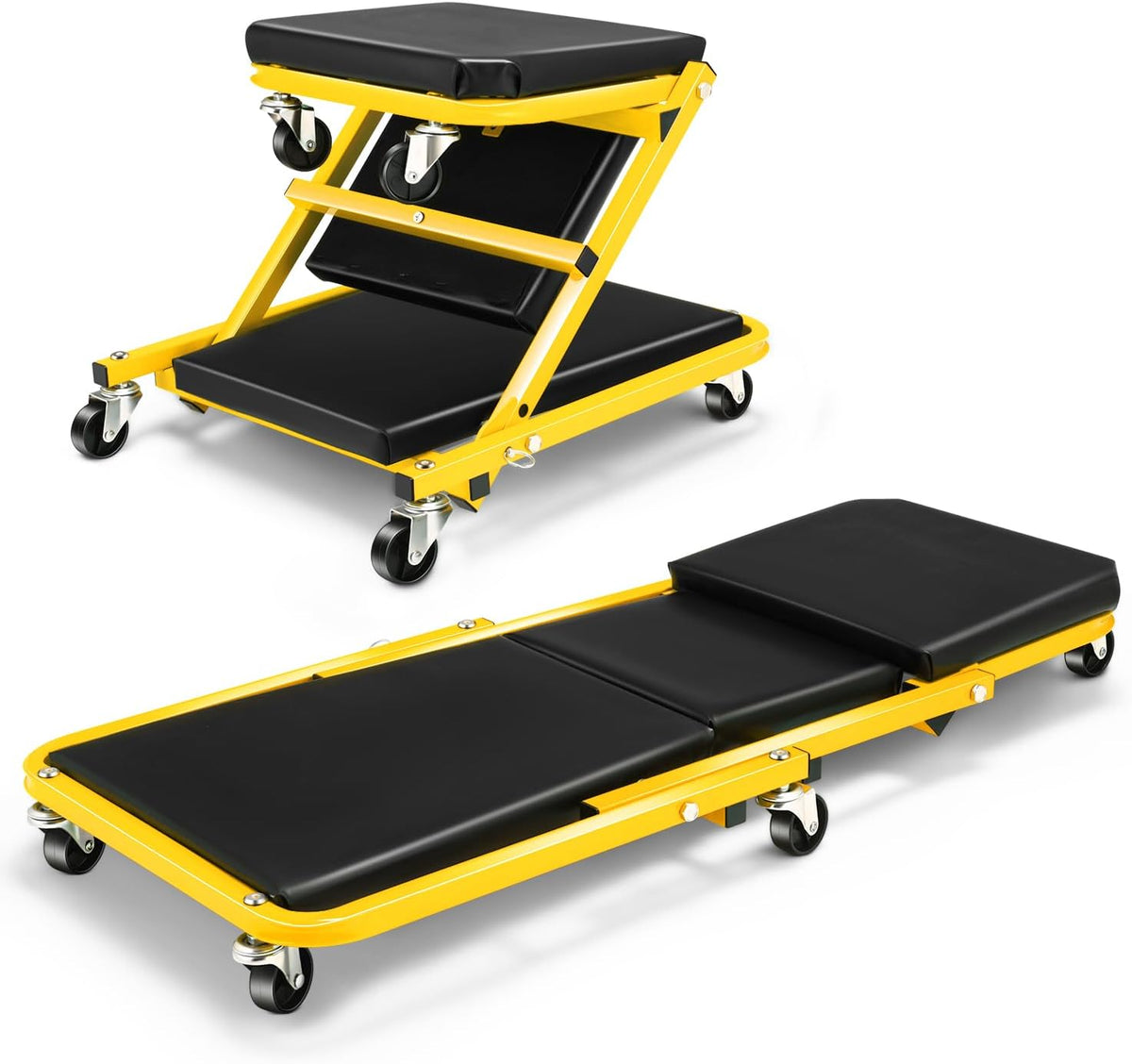 DNA MOTORING 36 Inches 2 IN 1 Rolling Folding Car Creeper/Seat, 6 Pcs 2" Casters, 150kg Weight Capacity, Yellow, TOOLS-00185-YL