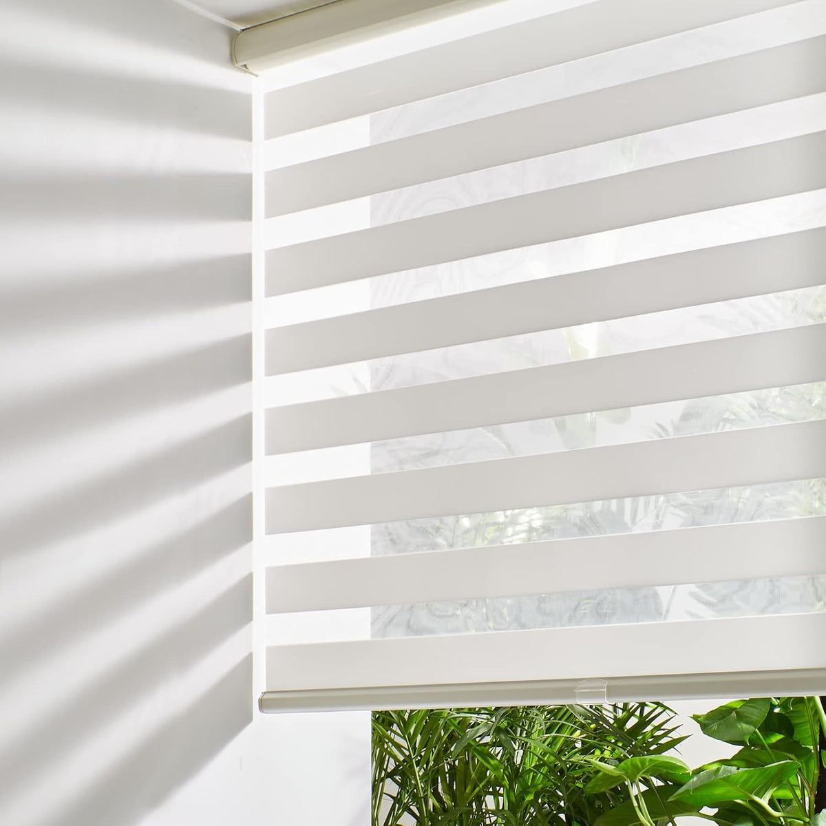Persilux Cordless Zebra Blinds for Indoor Windows, Free-Stop Light Filtering Sheer Shades, Dual Layer for Day and Night, Roller Shades for Home (34.25" W X 64" H, Cream)