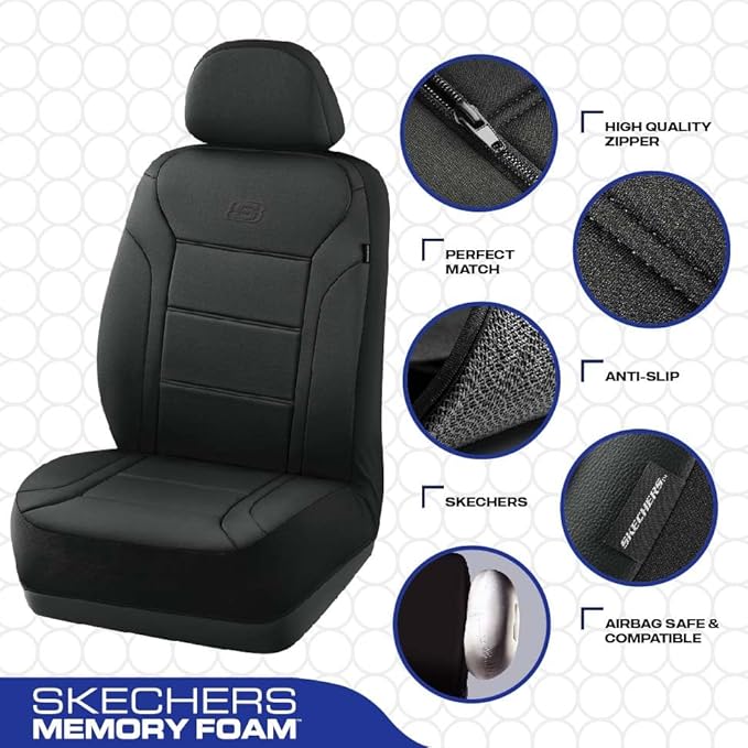 Skechers Memory Foam Car Seat Covers, Lycra Fabric Seat Covers, Seat Cover Full Sets Airbag Compatible, Automotive Comfort Protection for Most Cars, Trucks, SUVs, Black