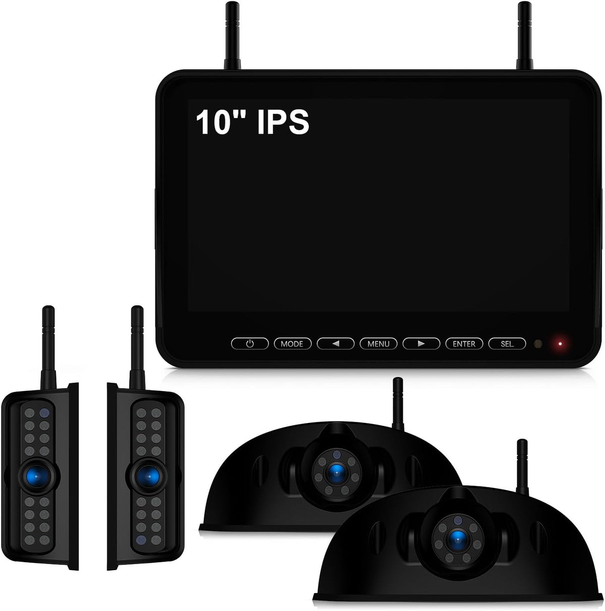 Fookoo HD 10" Wireless 4 RV Backup Camera System for Furrion Pre-Wired RV Truck Trailer, 10" IPS Monitor, 2 Side View 2 Rear View Cameras, Split Screen IR Night Vision Recording Waterproof - D10Y4